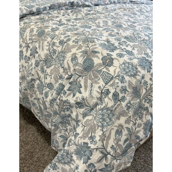 Pottery Barn Queen Duvet Cover Floral Blue White Gray Organic Cotton Euc - Picture 1 of 4